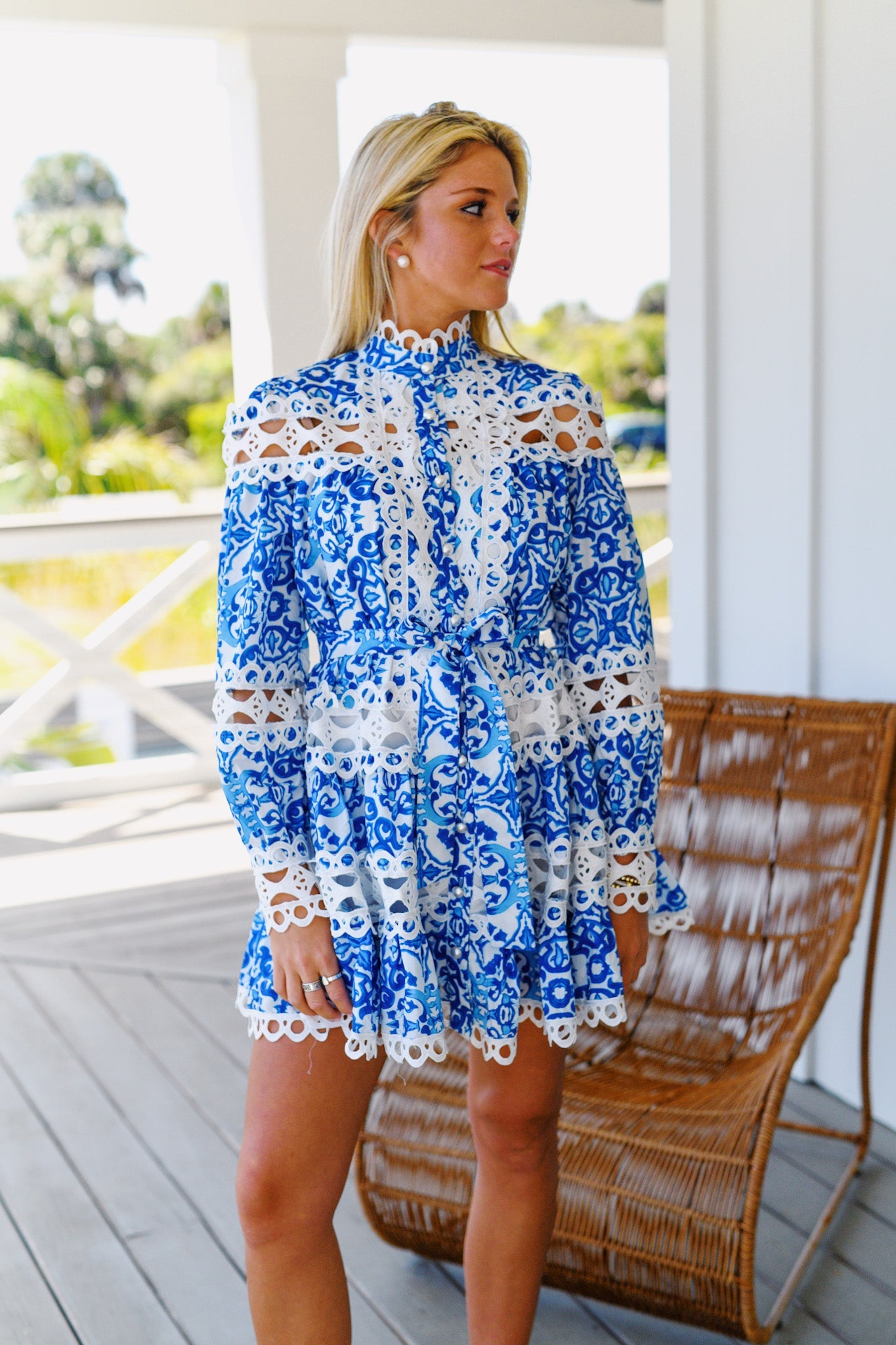 GRACIE LONG SLEEVE HEM DRESS - BLUE/WHITE