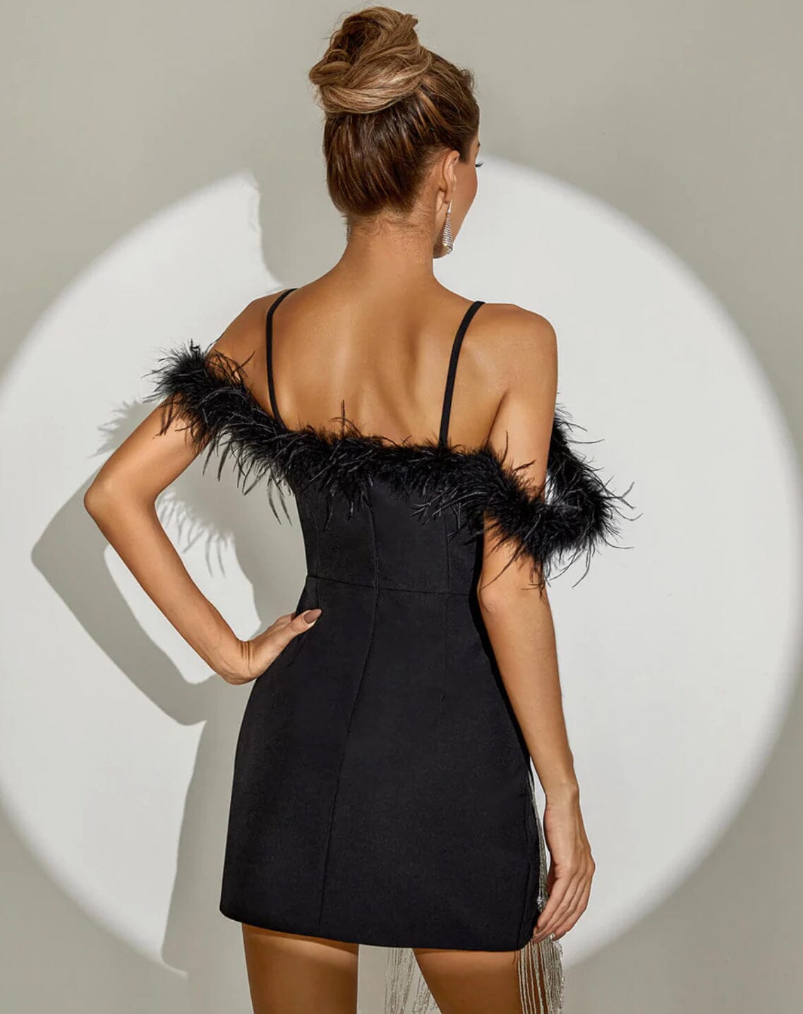 FEATHER STRAP DIAMOND CHAIN MINI DRESS BLACK