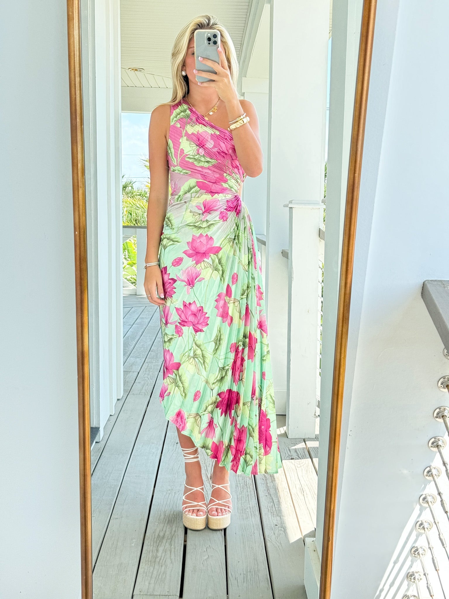 BROOKE LOTUS PLEATED DRESS - PINK LIME