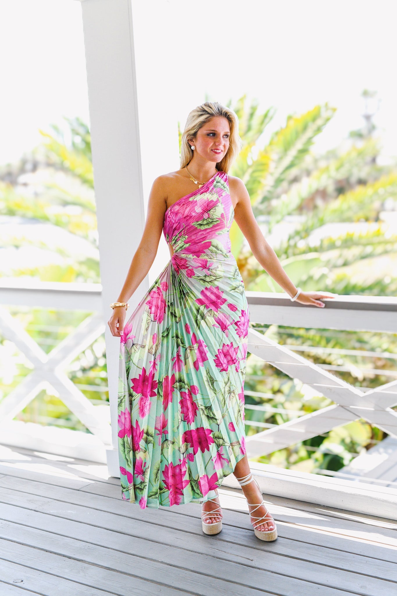 BROOKE LOTUS PLEATED DRESS - PINK LIME