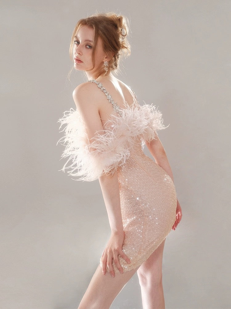 PRISCILLA SEQUIN FEATHER MINI DRESS, PINK