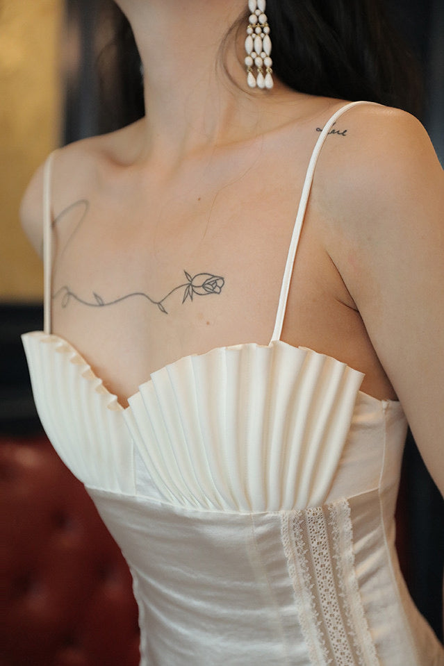 MARJORIE WHITE SATIN PLEATED MIDI DRESS