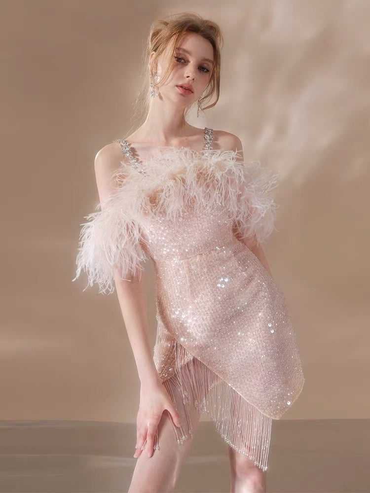 PRISCILLA SEQUIN FEATHER MINI DRESS, PINK