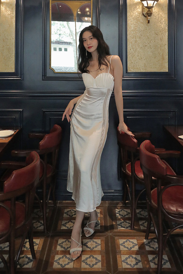 MARJORIE WHITE SATIN PLEATED MIDI DRESS