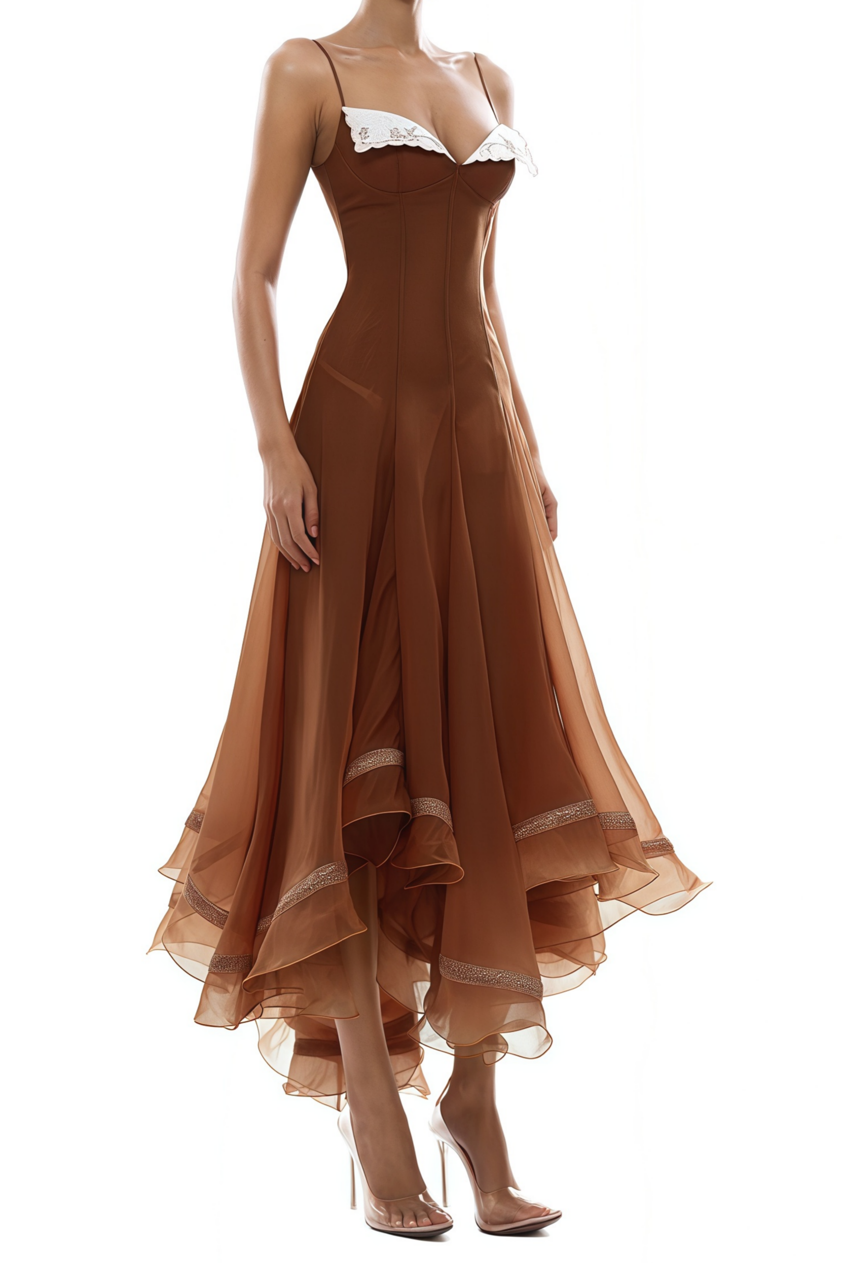 XAVIERA RUST ASYMMETRICAL MIDI DRESS BROWN