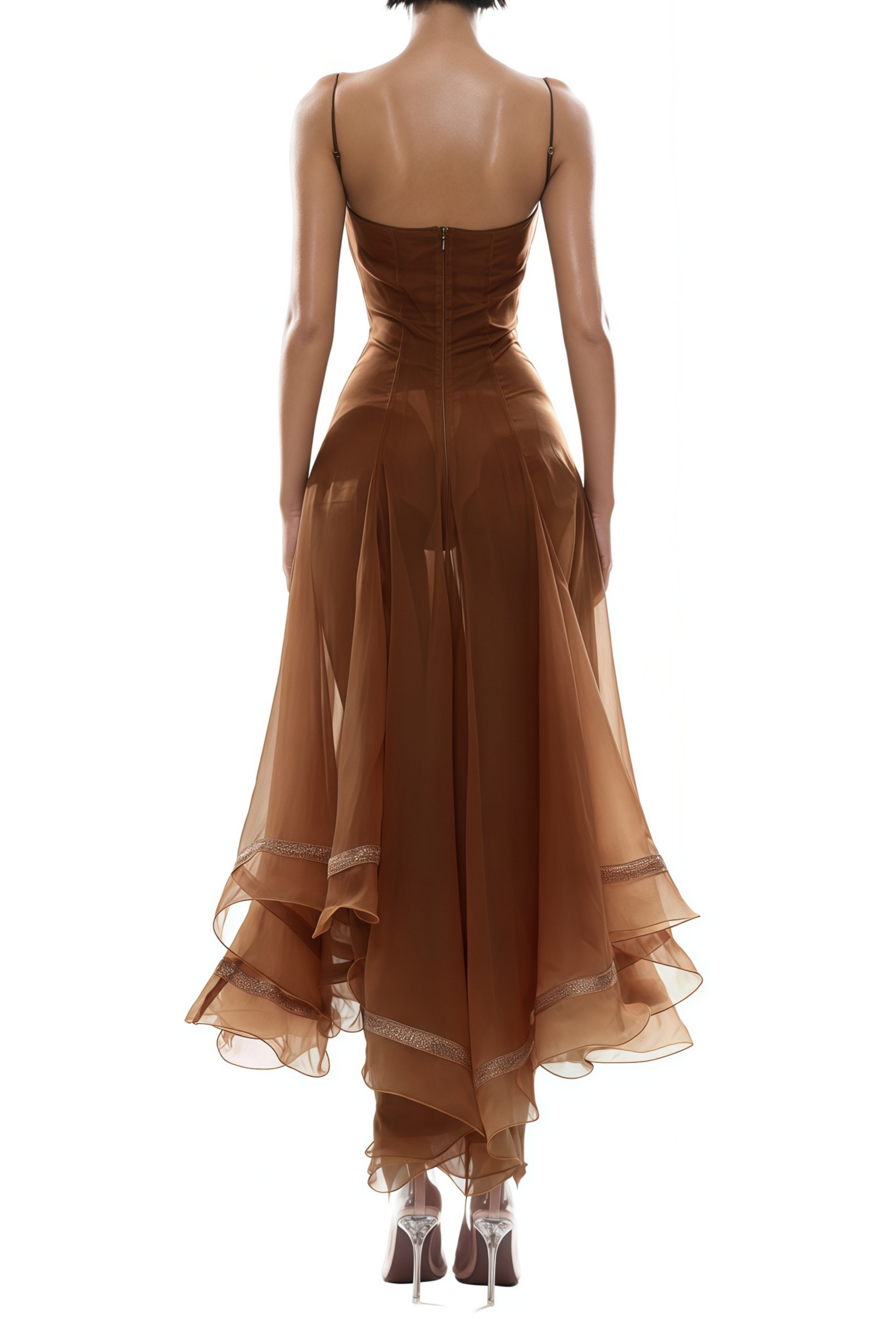 XAVIERA RUST ASYMMETRICAL MIDI DRESS BROWN