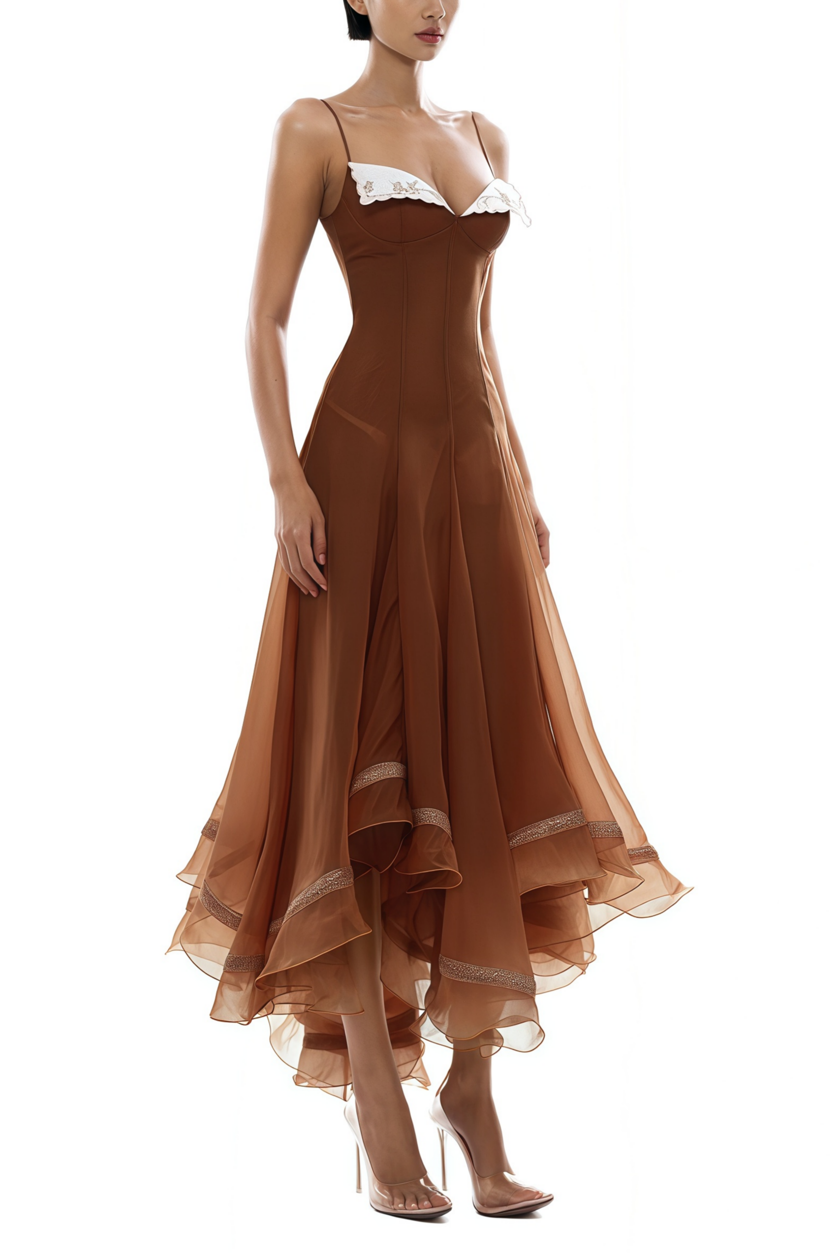 XAVIERA RUST ASYMMETRICAL MIDI DRESS BROWN
