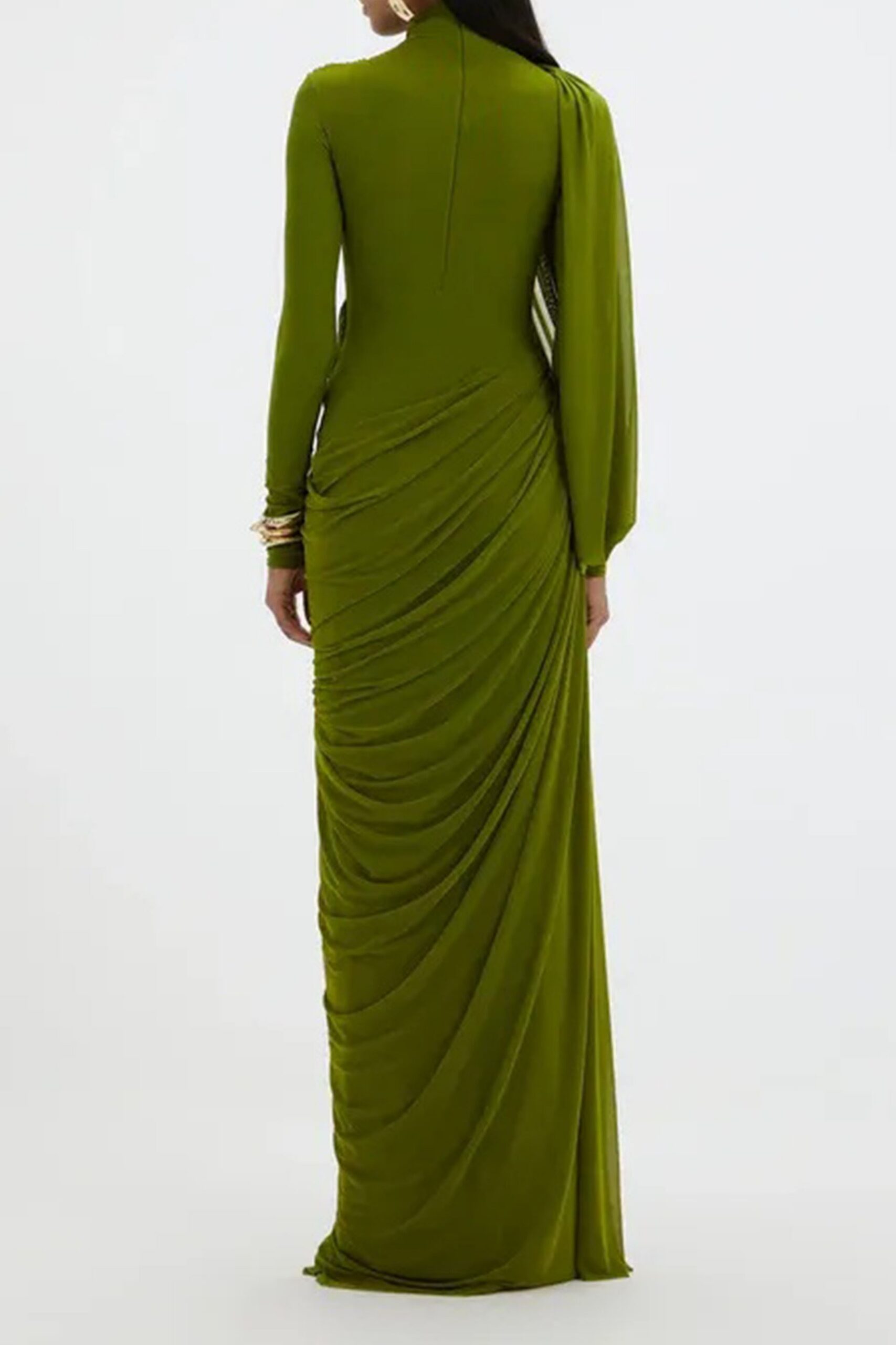 LIZ HIGH NECK ASYMMETRIC DRAPE MAXI DRESS IN GREEN