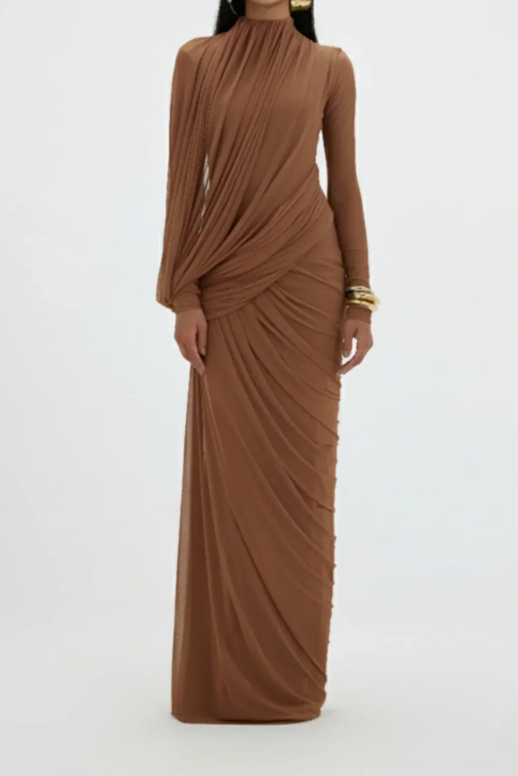 LIZ HIGH NECK DRAPE MAXI DRESS BROWN