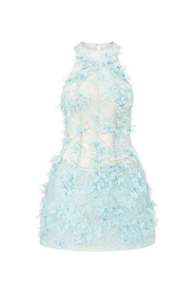 FLORAL LACE BLUE MINI DRESS FOR COCKTAIL PARTY