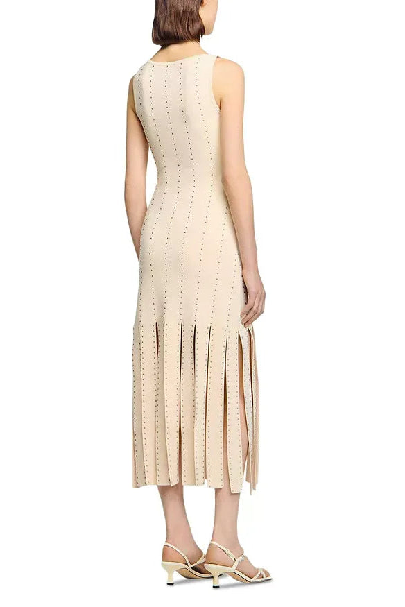 ECRU FRINGE KNIT MAXI DRESS, BOHO PARTY STYLE