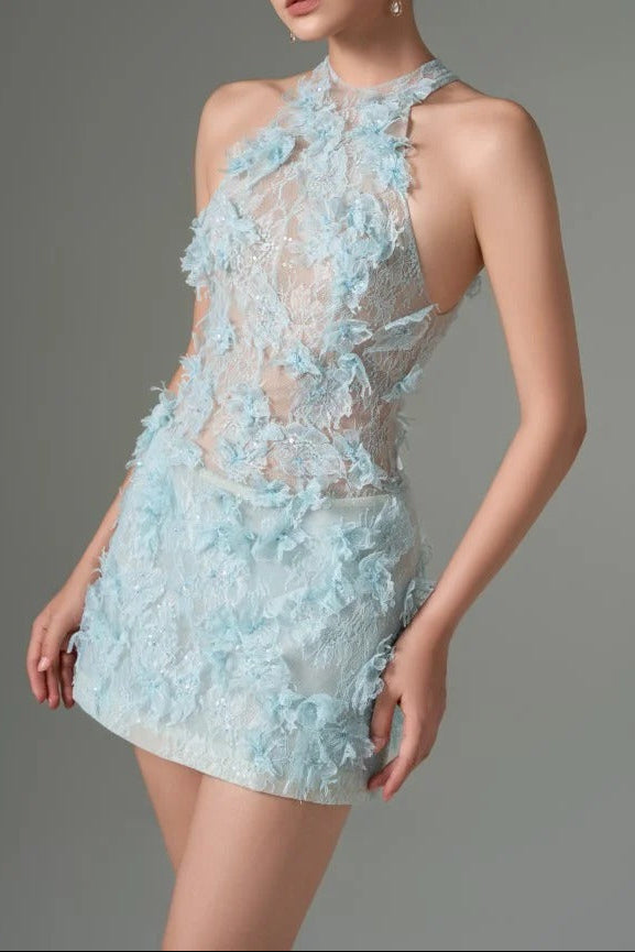 FLORAL LACE BLUE MINI DRESS FOR COCKTAIL PARTY
