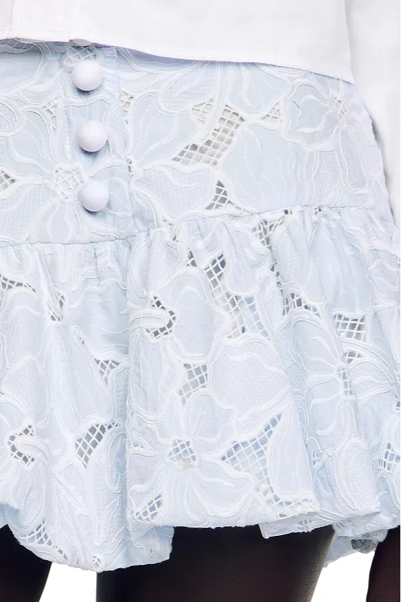 SKY BLUE LACE FLOWER EMBROIDERY MINI SKIRT