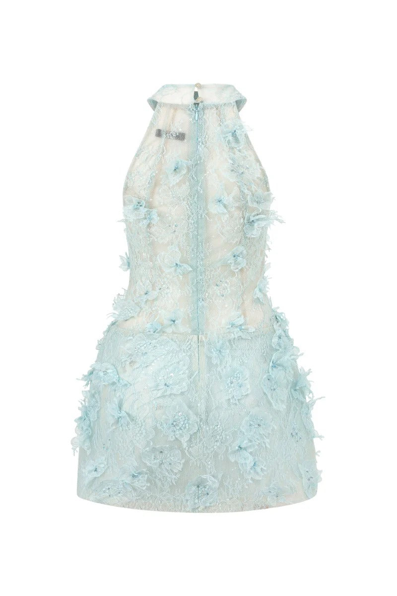 FLORAL LACE BLUE MINI DRESS FOR COCKTAIL PARTY