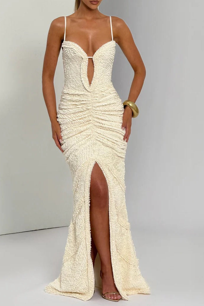 KHAKI SLIT PLEATED BODYCON MAXI DRESS FOR EVENING