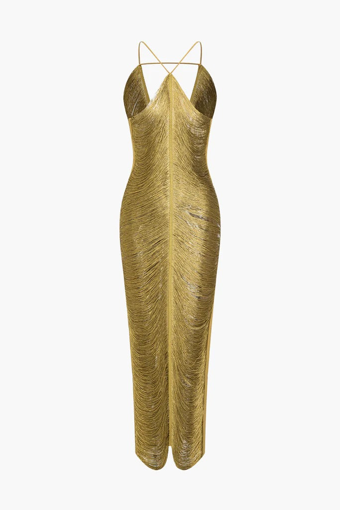 TASSEL BACK SLIT HALTER DRESS FOR PARTY