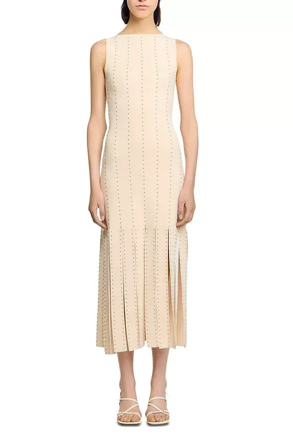 ECRU FRINGE KNIT MAXI DRESS, BOHO PARTY STYLE