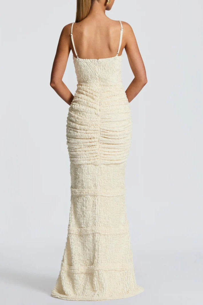 KHAKI SLIT PLEATED BODYCON MAXI DRESS FOR EVENING