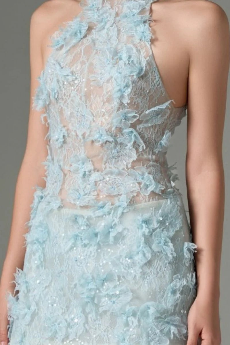 FLORAL LACE BLUE MINI DRESS FOR COCKTAIL PARTY