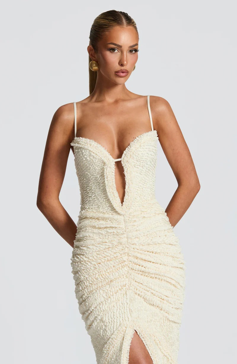 KHAKI SLIT PLEATED BODYCON MAXI DRESS FOR EVENING