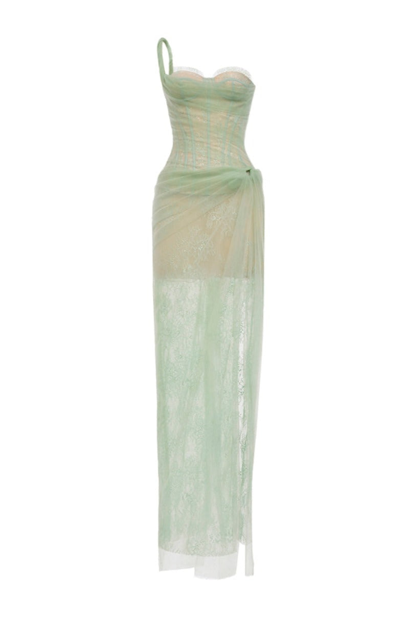 MANDY ONE-SHOULDER LACE TULLE MAXI DRESS MINT