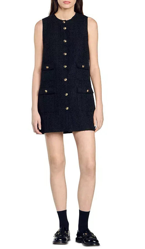 valerie sleeveless Tweed mini Dress in black