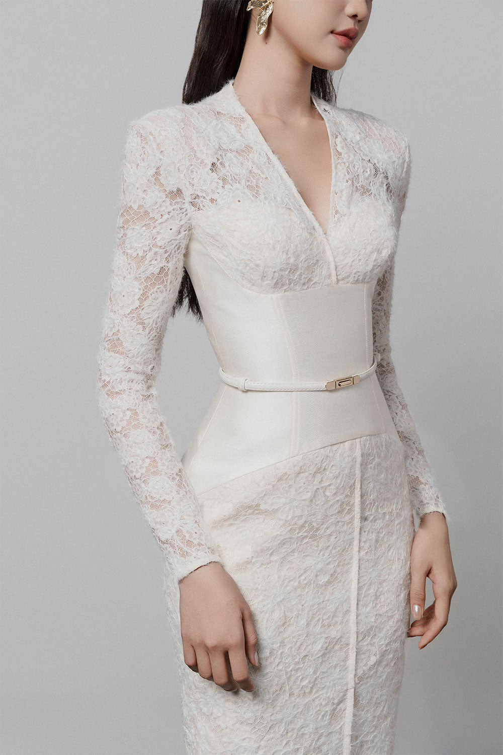 KIMBERLY WHITE V-NECK LACE MIDI DRESS