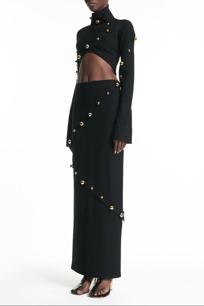 BUTTON-EMBELLISHED COTTON-JERSEY MAXI SKIRT SUIT
