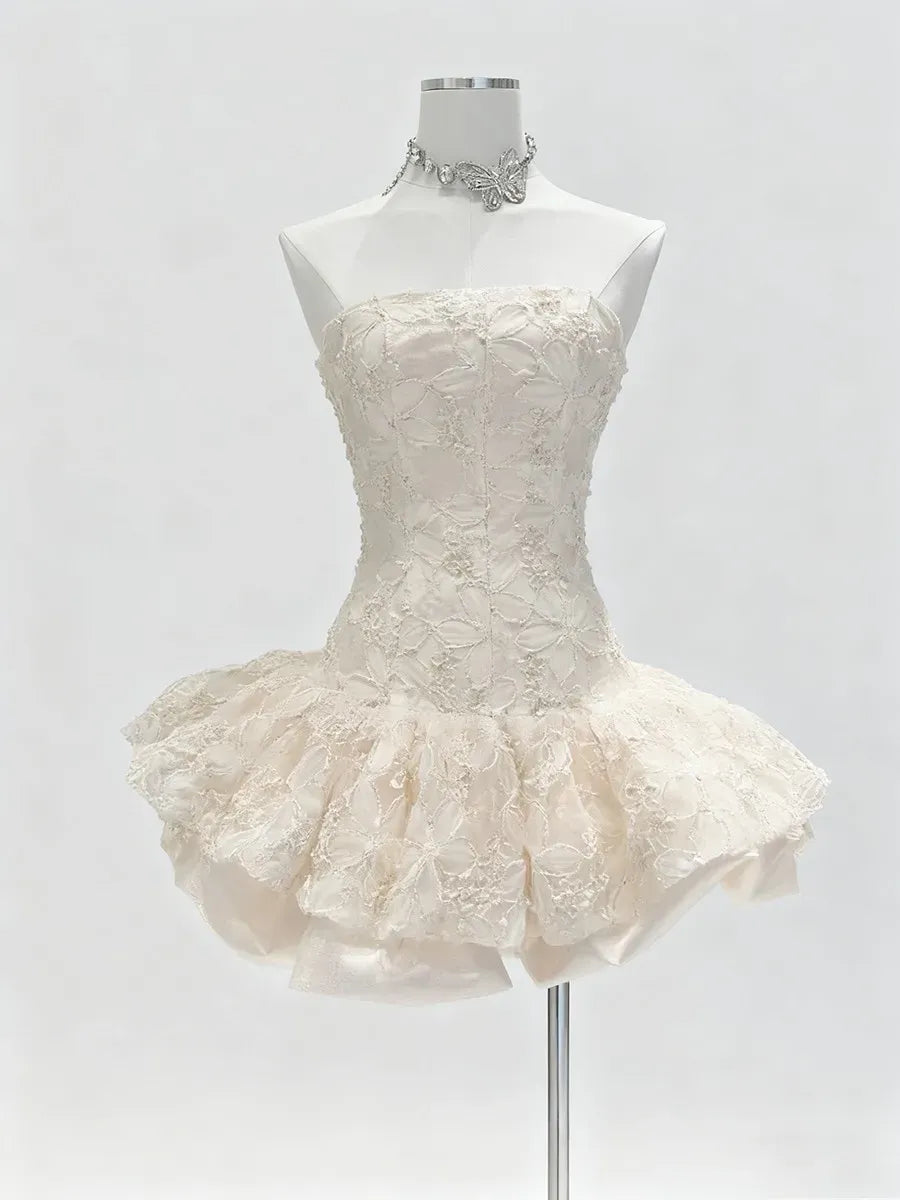 KATHERINE EMBROIDERED LACE RUFFLE MINI DRESS, PINK
