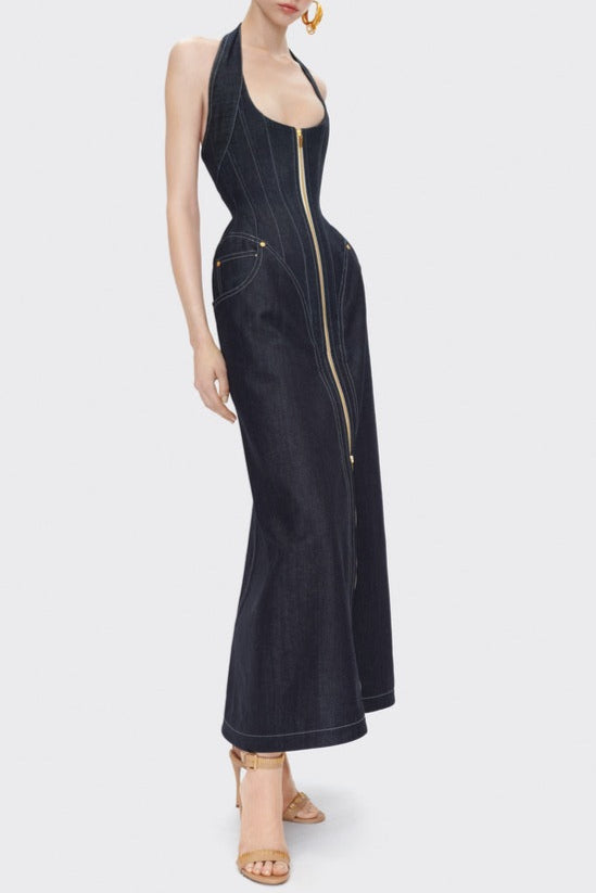 NAVY BLUE HALTER CORSET MIDI DRESS FOR WEDDING