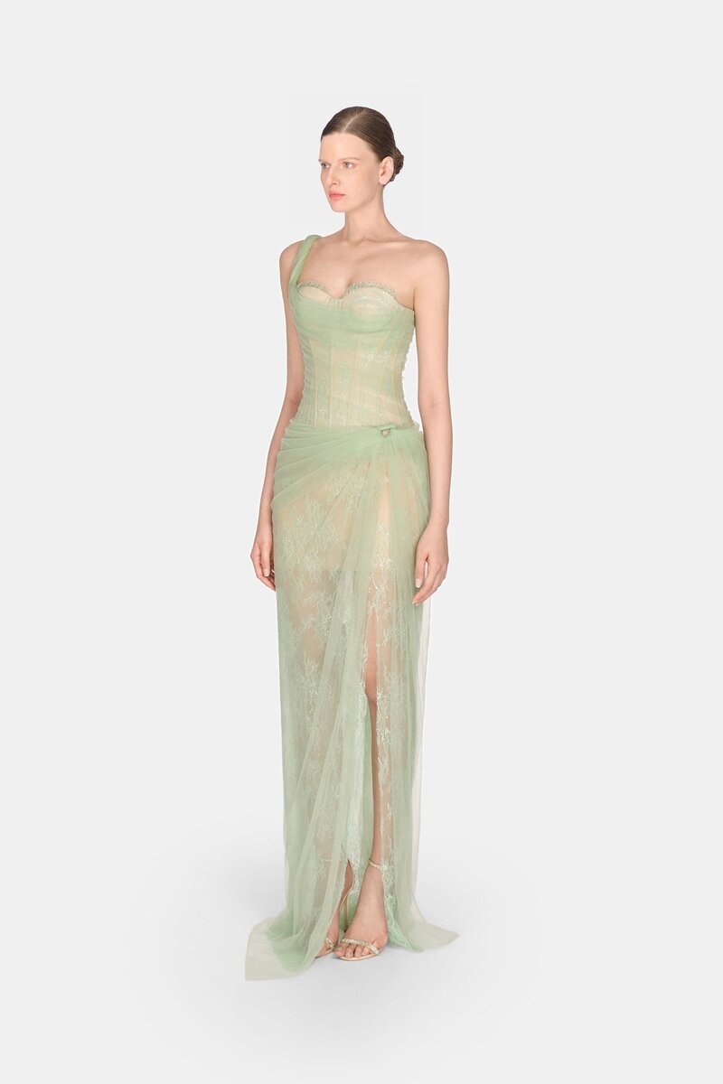 MANDY ONE-SHOULDER LACE TULLE MAXI DRESS MINT