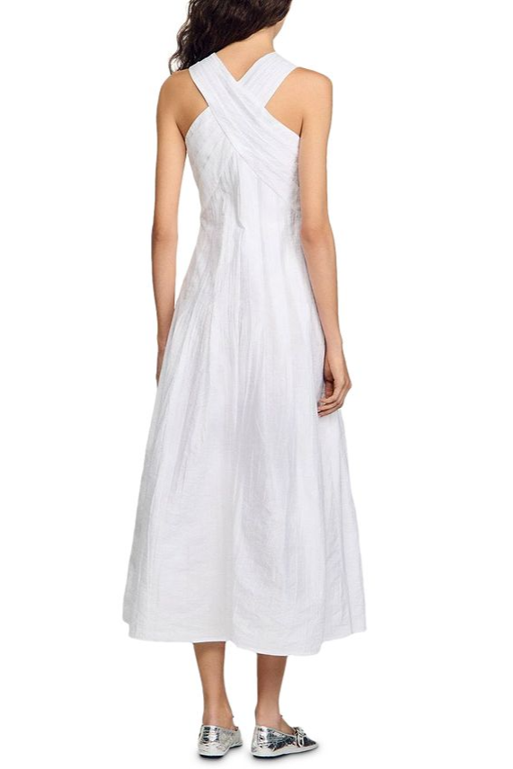 HIGH CROSSOVER V-NECK PLEATED MAXI DRESS WHITE