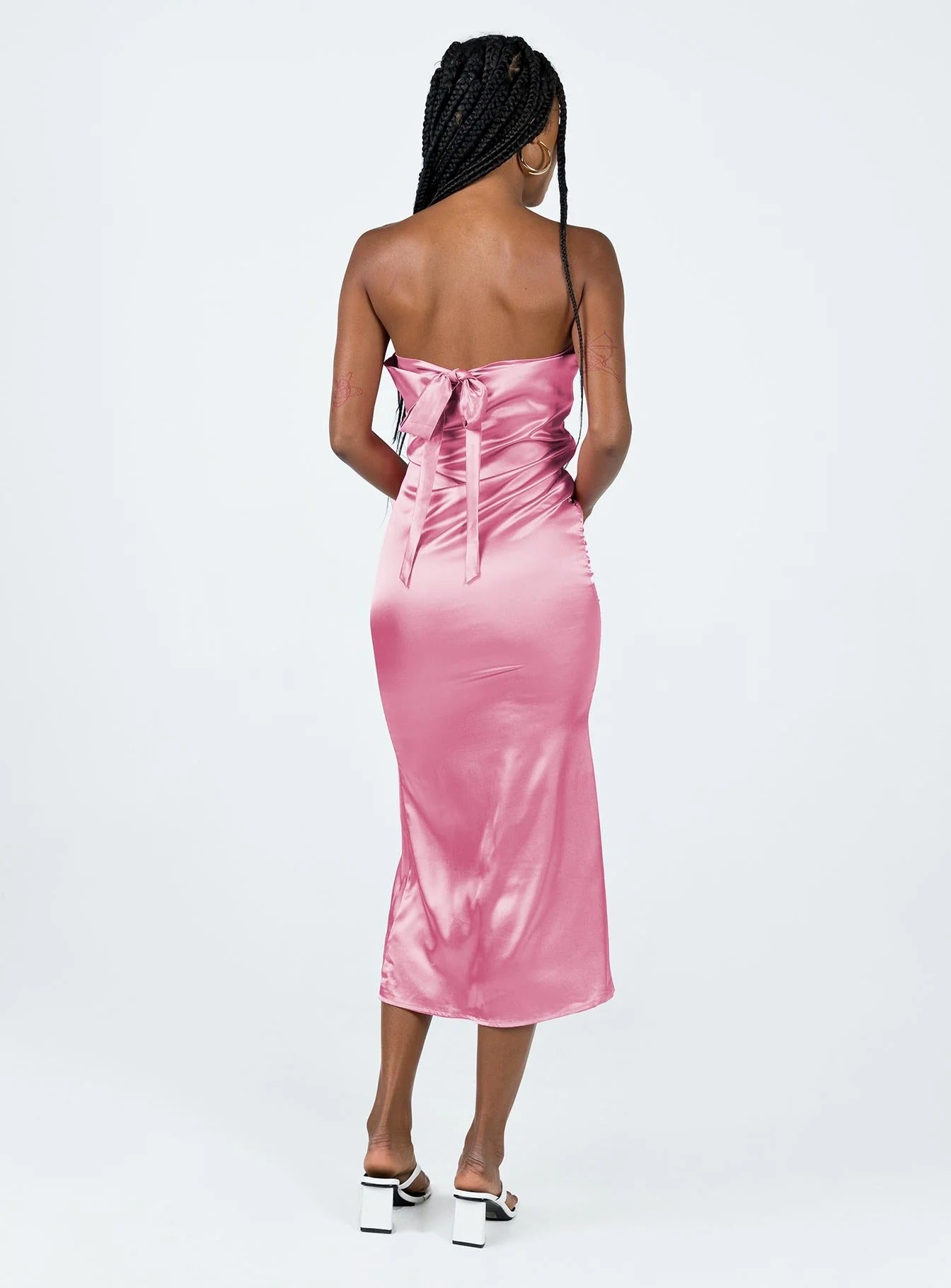 PINK SATIN HALTER MIDI DRESS WITH BACK BOW