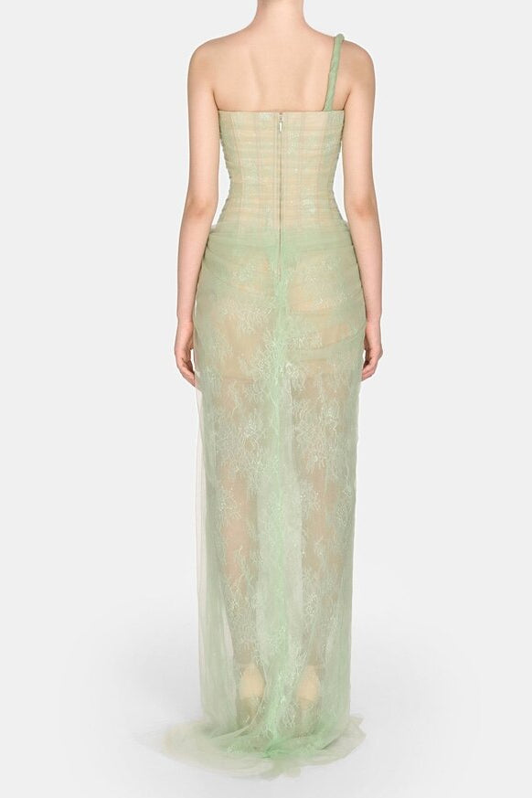 MANDY ONE-SHOULDER LACE TULLE MAXI DRESS MINT