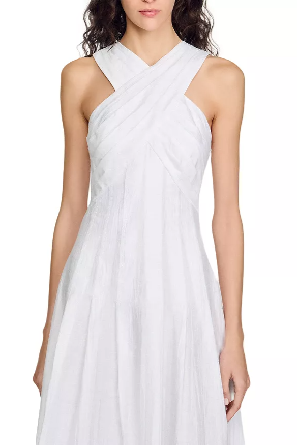 HIGH CROSSOVER V-NECK PLEATED MAXI DRESS WHITE