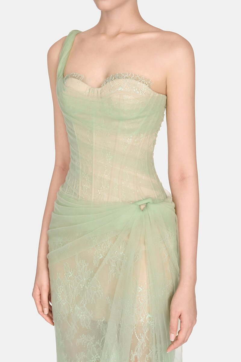 MANDY ONE-SHOULDER LACE TULLE MAXI DRESS MINT