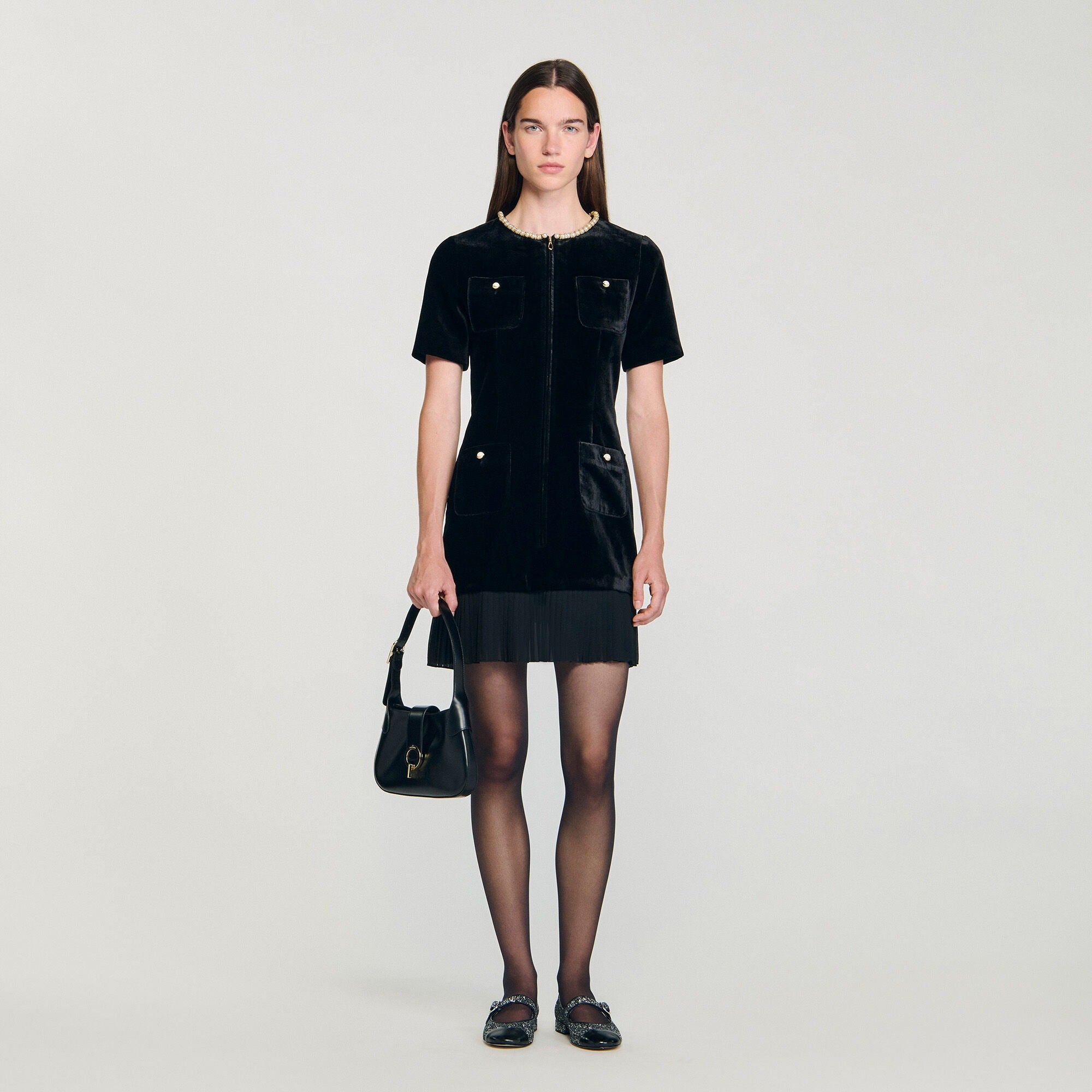 VELVET PEARL COLLAR PLEATED MINI DRESS, BLACK