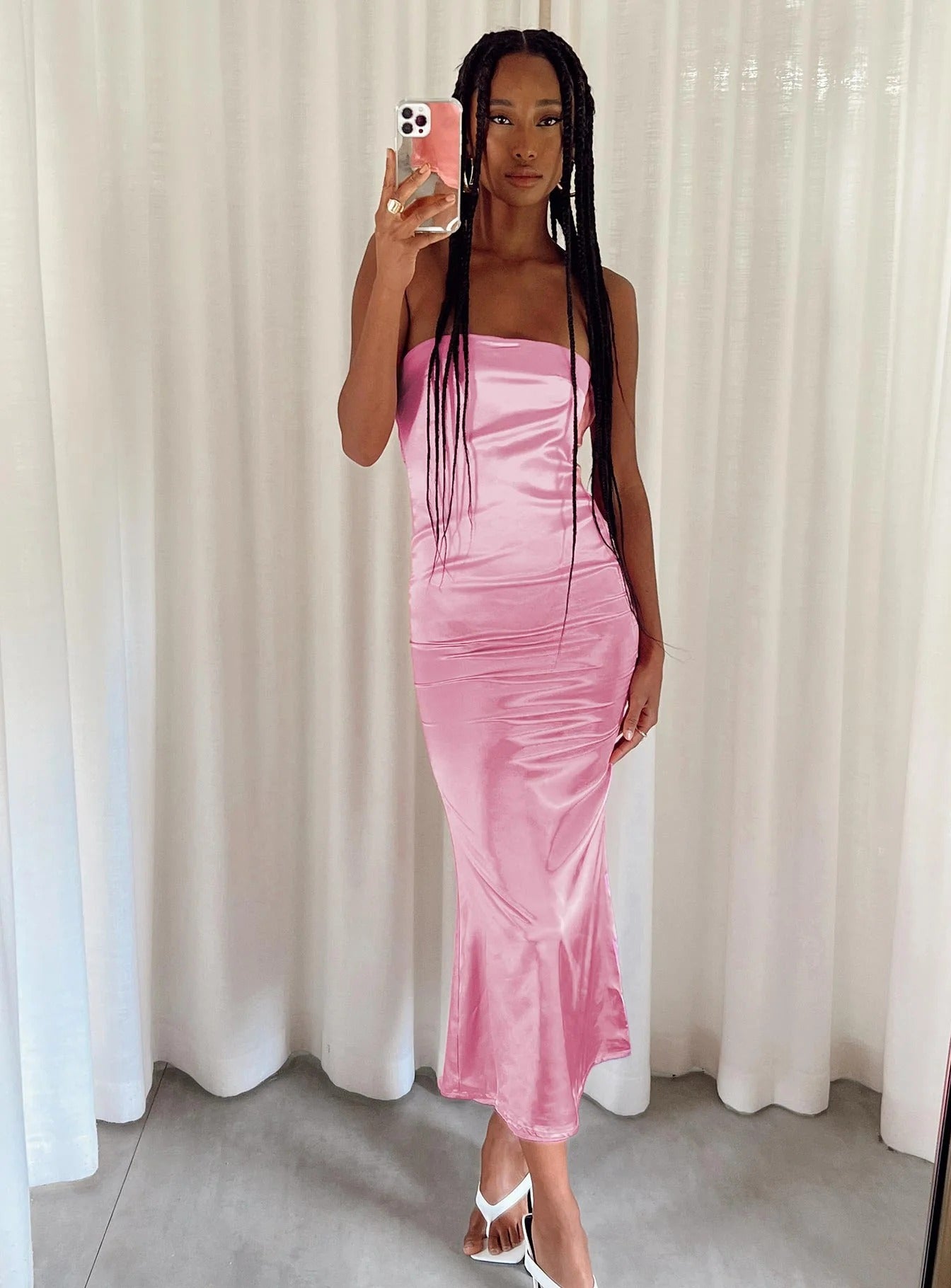 PINK SATIN HALTER MIDI DRESS WITH BACK BOW