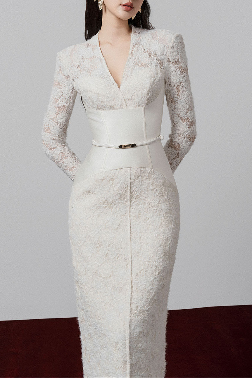 KIMBERLY WHITE V-NECK LACE MIDI DRESS