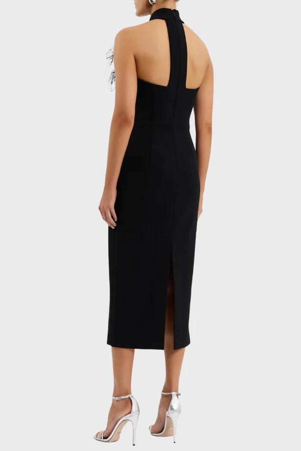 BEATRICE BLACK HALTER MIDI DRESS WITH RHINESTONE FEATHER
