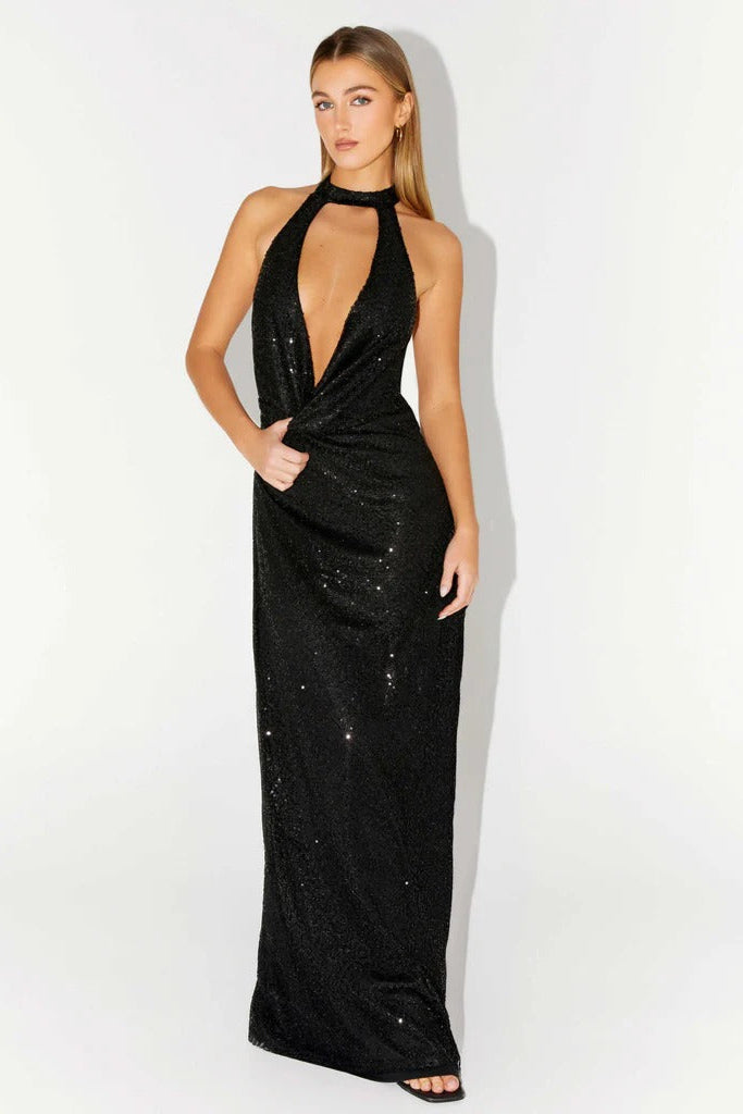 SEQUIN HALTER BACKLESS MAXI DRESS, BLACK PARTY GOWN