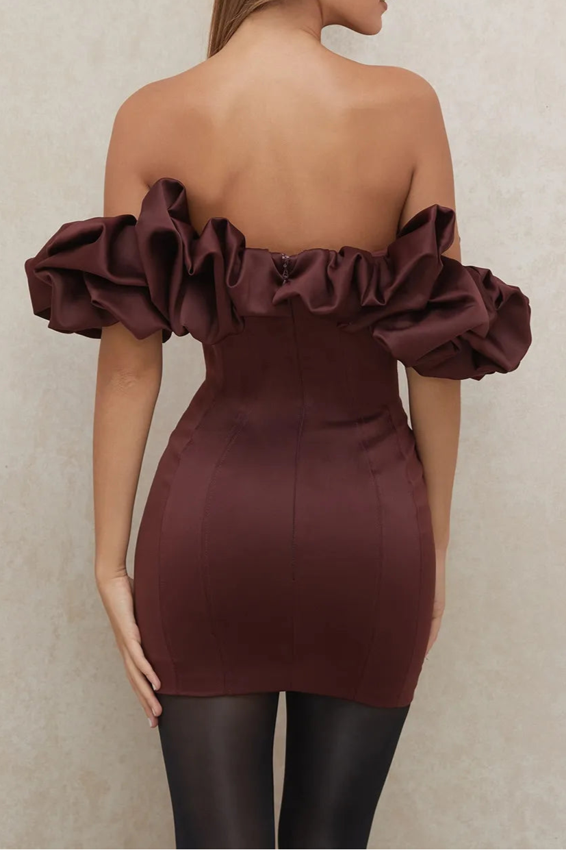 BURGUNDY SATIN RUFFLE STRAPLESS MINI DRESS