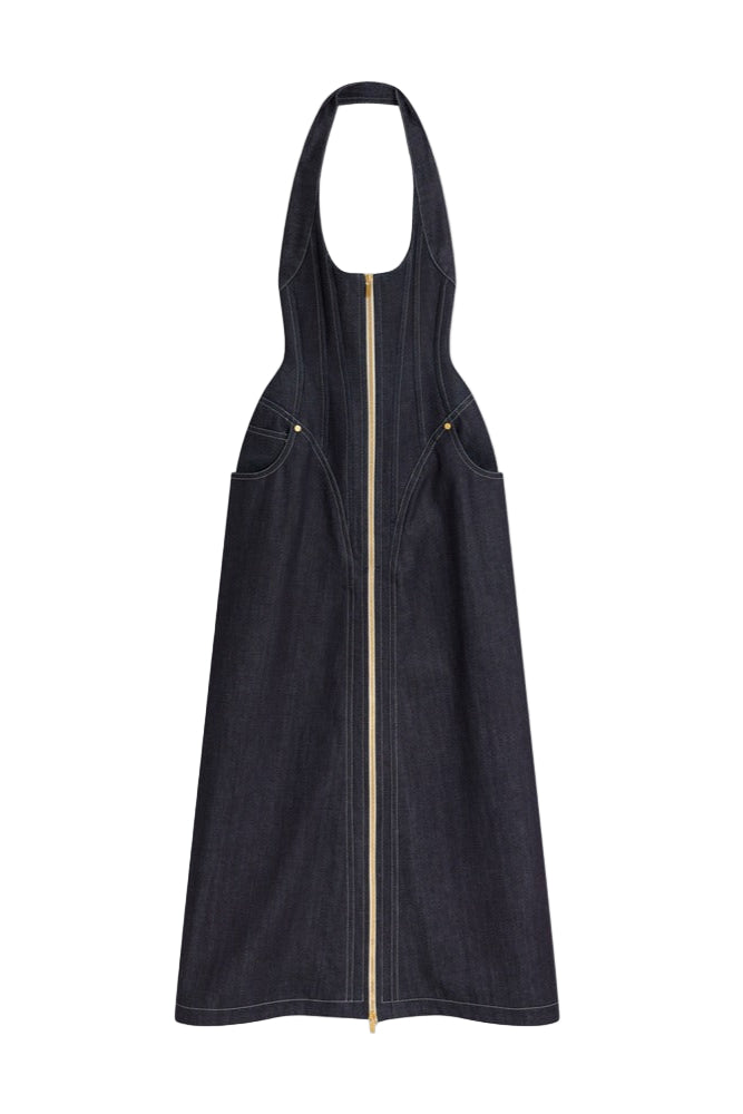 NAVY BLUE HALTER CORSET MIDI DRESS FOR WEDDING