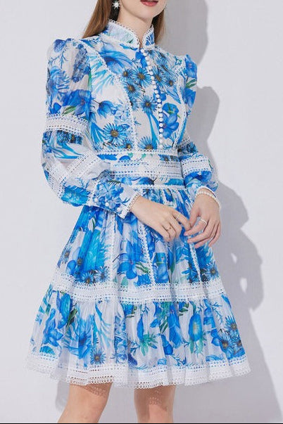 SABRINA BLUE LACE-PANEL LANTERN SLEEVE MINI DRESS