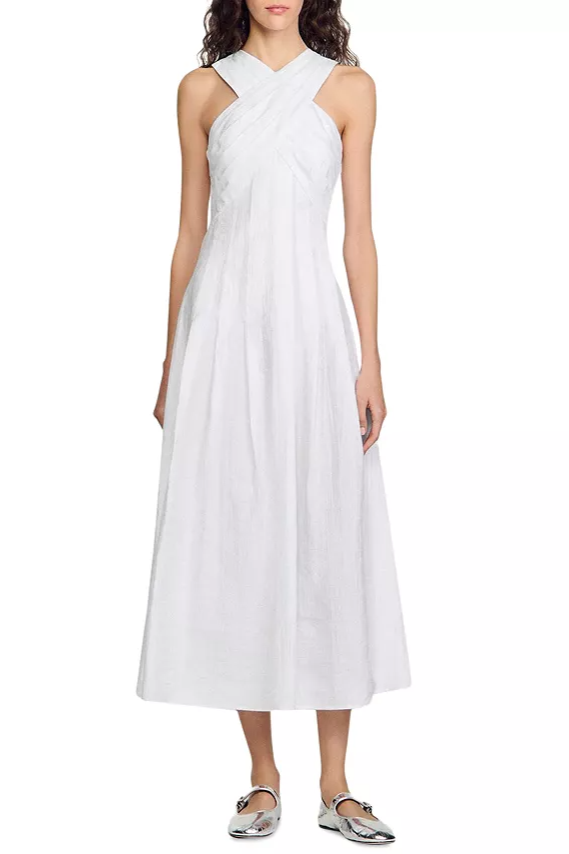 HIGH CROSSOVER V-NECK PLEATED MAXI DRESS WHITE