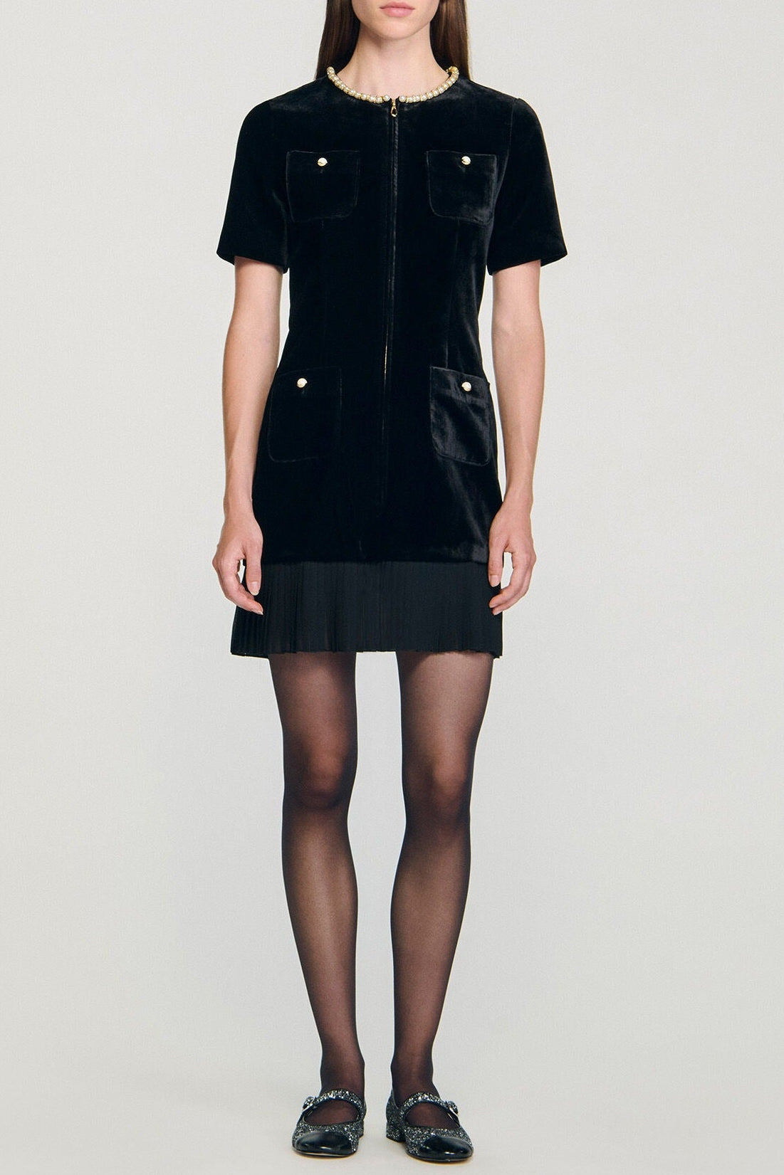 VELVET PEARL COLLAR PLEATED MINI DRESS, BLACK