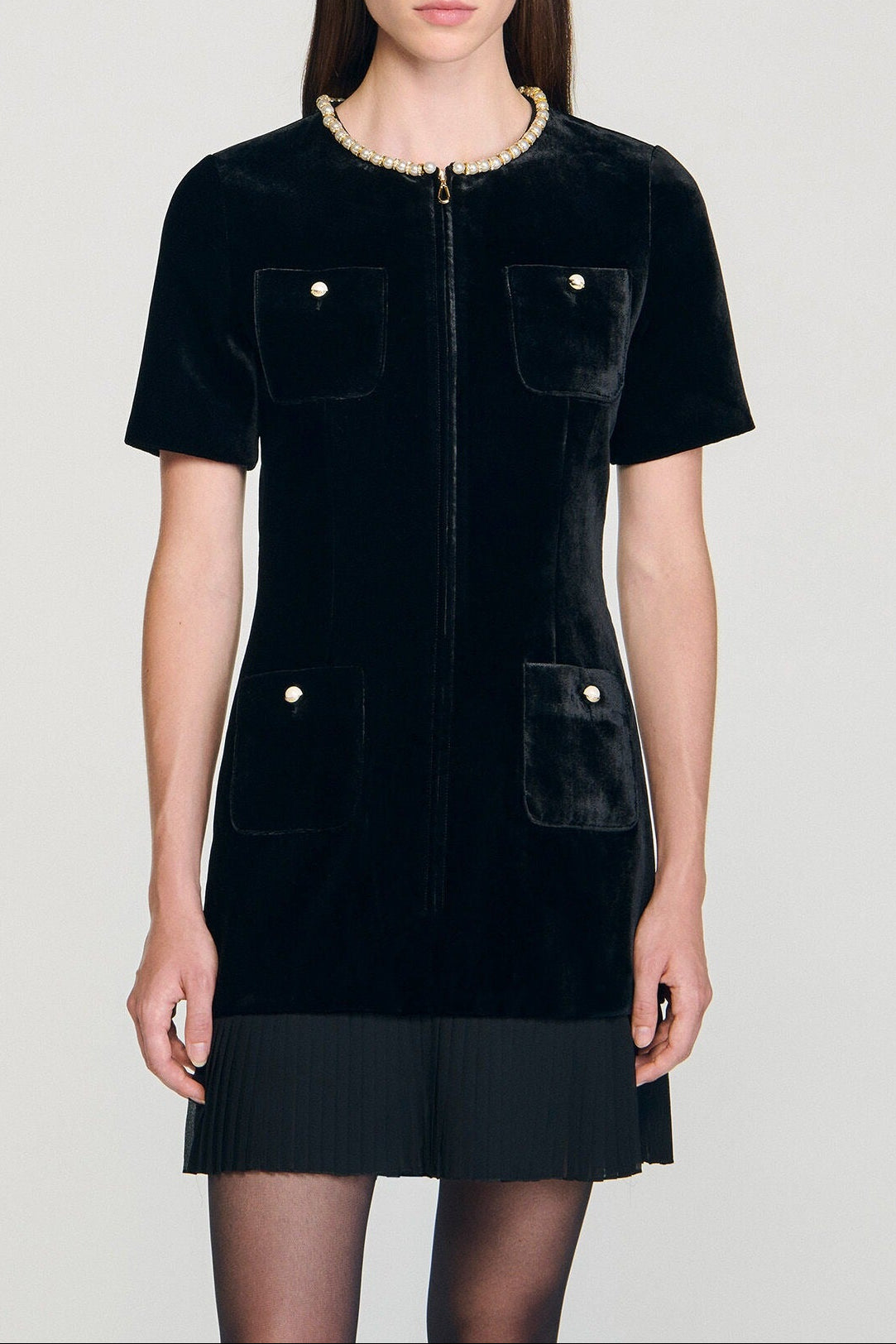VELVET PEARL COLLAR PLEATED MINI DRESS, BLACK