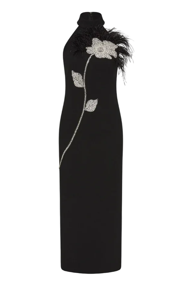 BEATRICE BLACK HALTER MIDI DRESS WITH RHINESTONE FEATHER