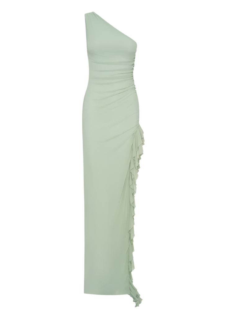 ONE-SHOULDER SAGE MAXI DRESS WITH RUFFLE SLIT