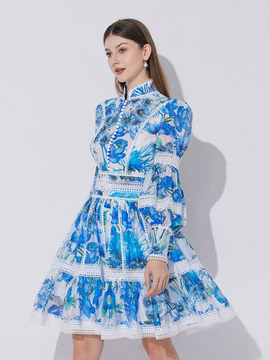 SABRINA BLUE LACE-PANEL LANTERN SLEEVE MINI DRESS
